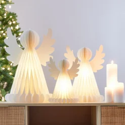 Ange lumineux à piles 6 LED (H50 cm) Papier fermeture magnétique Blanc