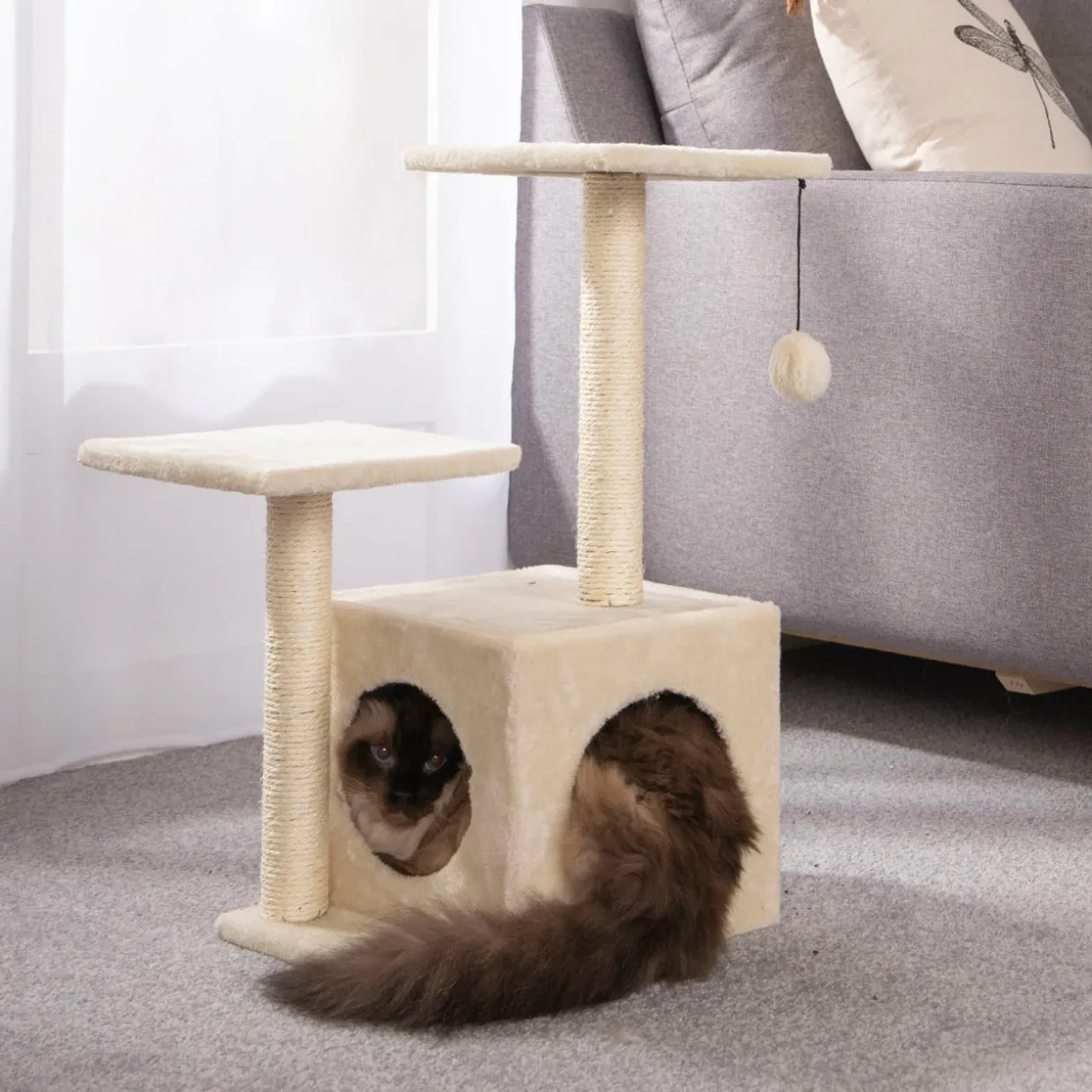Arbre à chat avec jouet et niche Ecru