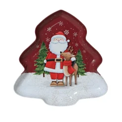 Assiette décorative (25 x 25 cm) Père Noël et son renne Rouge