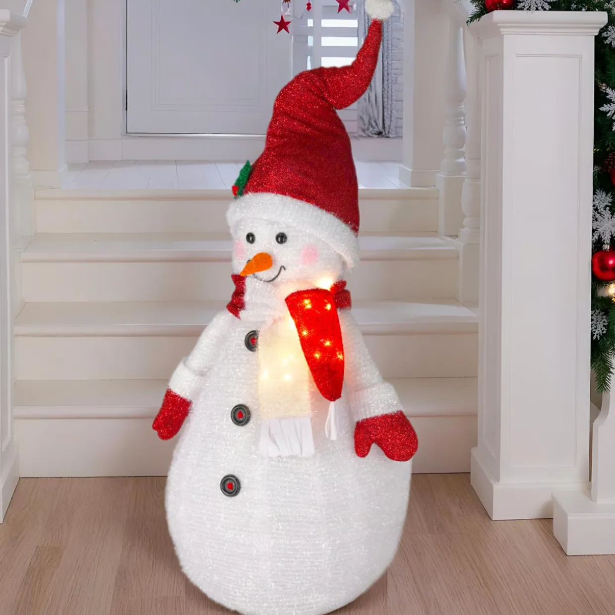Bonhomme de neige lumineux à piles (H120 cm) Pliable Rouge pailleté