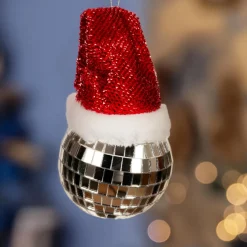 Boule de Noël (D80 mm) Facette disco avec bonnet Père Noël Argent