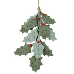 Branche à suspendre en feutrine (H28 cm) Houx de Noël et baies Rouge