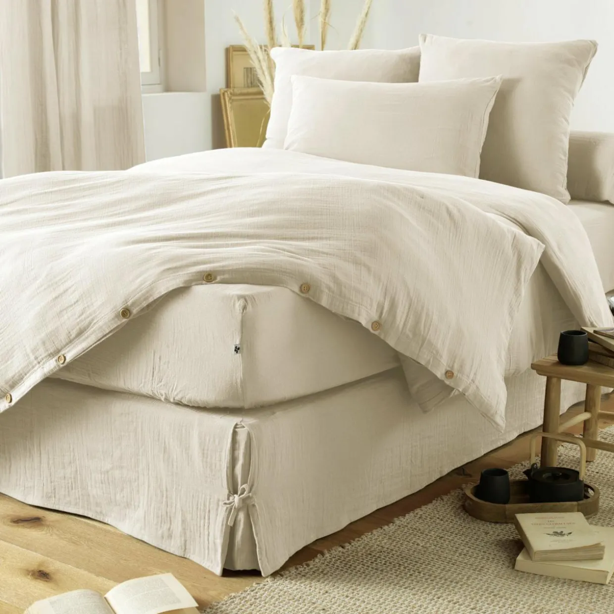 Cache-sommier Gaze de coton (180 x 200 cm) Gaïa Beige pampa