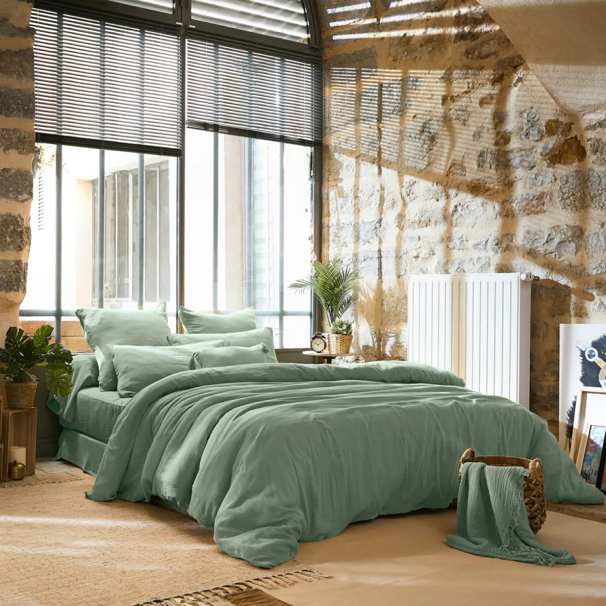 Cache-sommier Gaze de coton (90 x 190 cm) Gaïa Vert eucalyptus