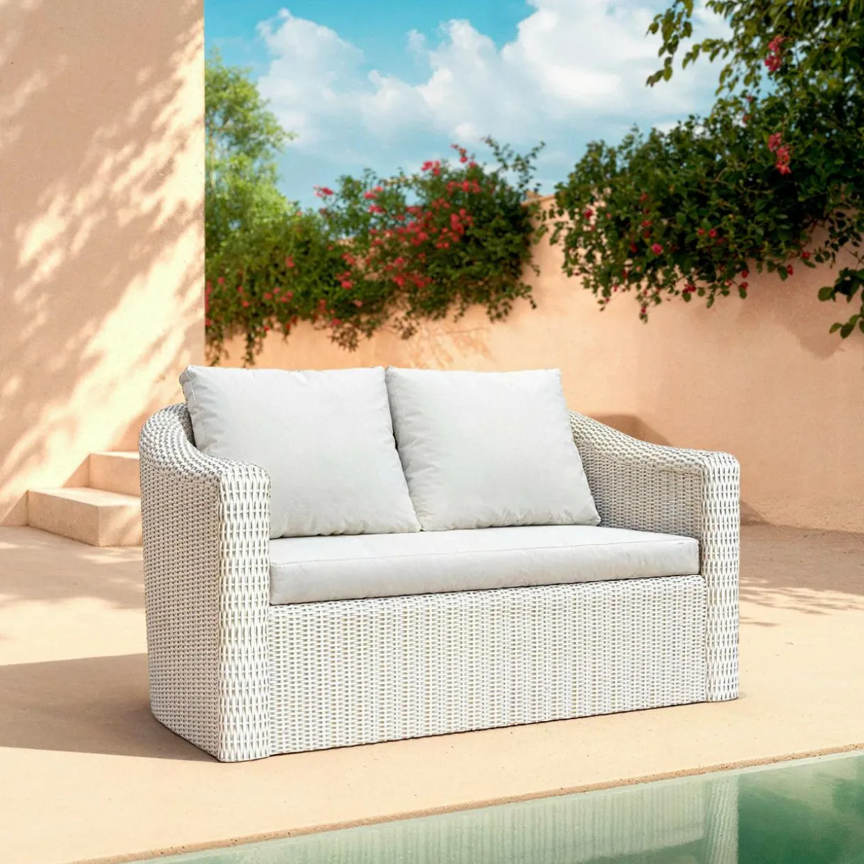 Canapé de jardin en résine tressée 2 places Calvi Blanc