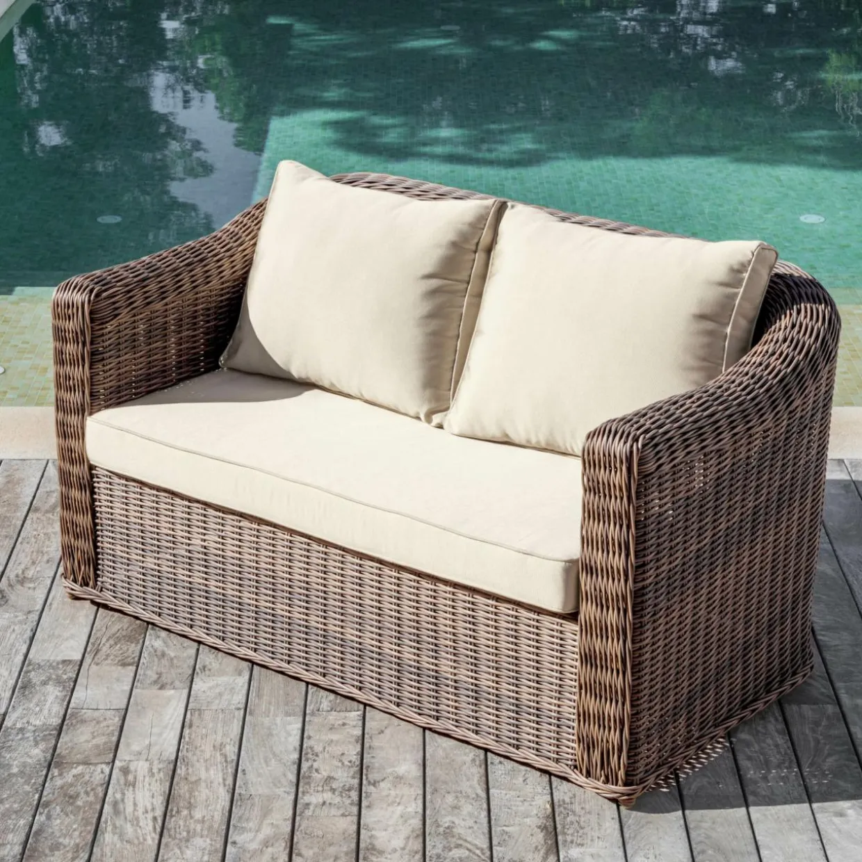 Canapé de jardin en résine tressée 2 places Calvi Sépia et beige