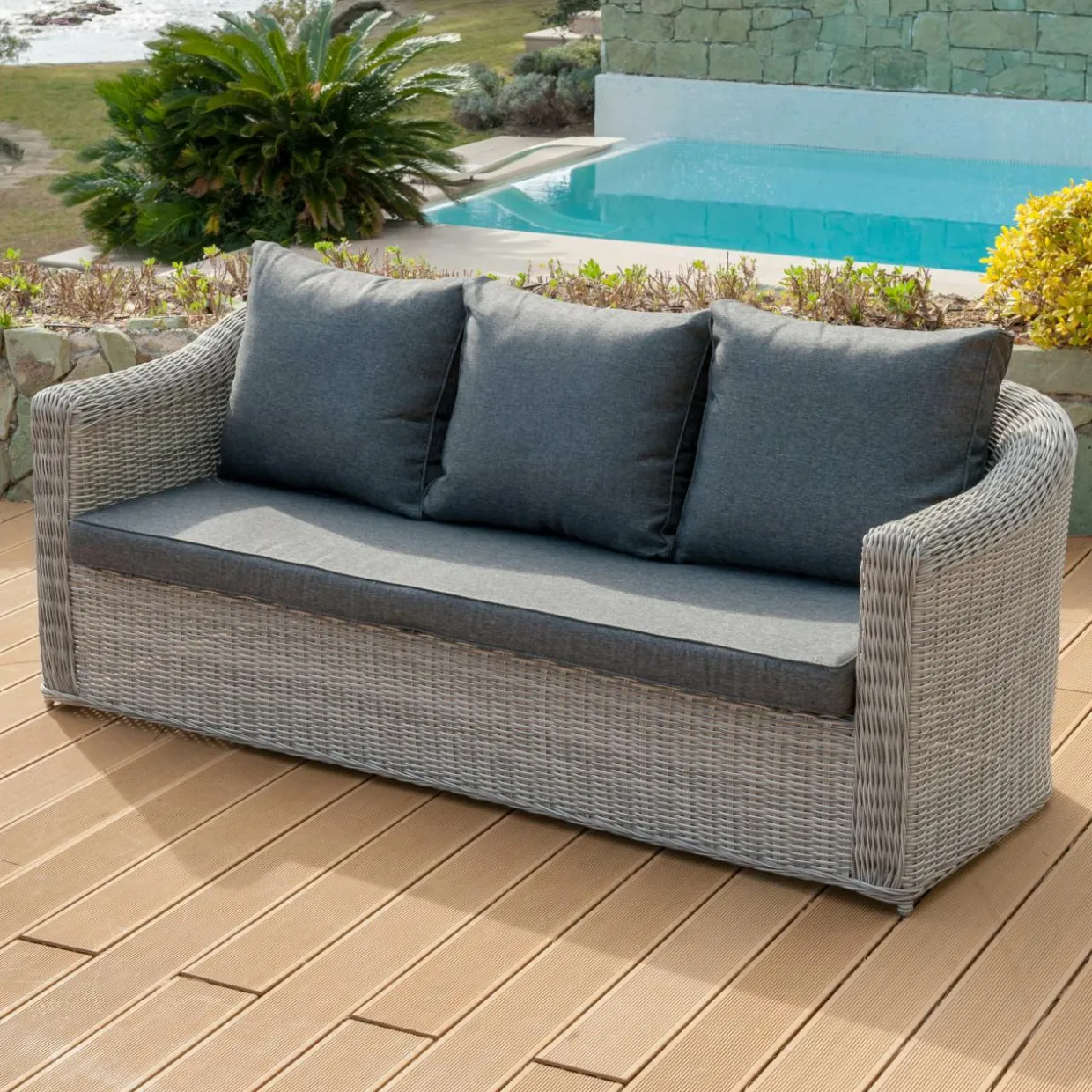 Canapé de jardin en résine tressée 3 places Calvi Gris et gris foncé