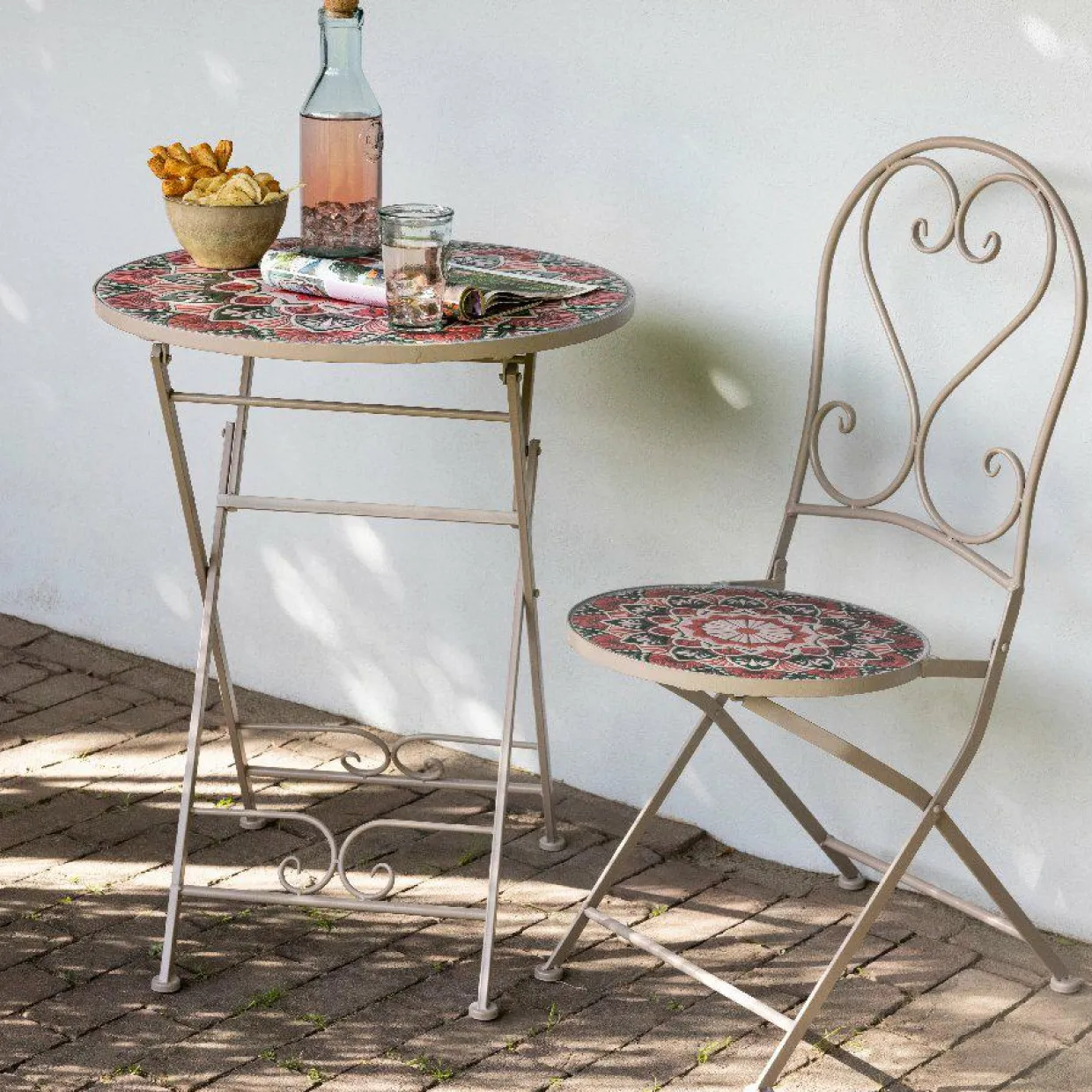 Chaise bistrot pliable en mosaïque Narbonne Taupe et rose