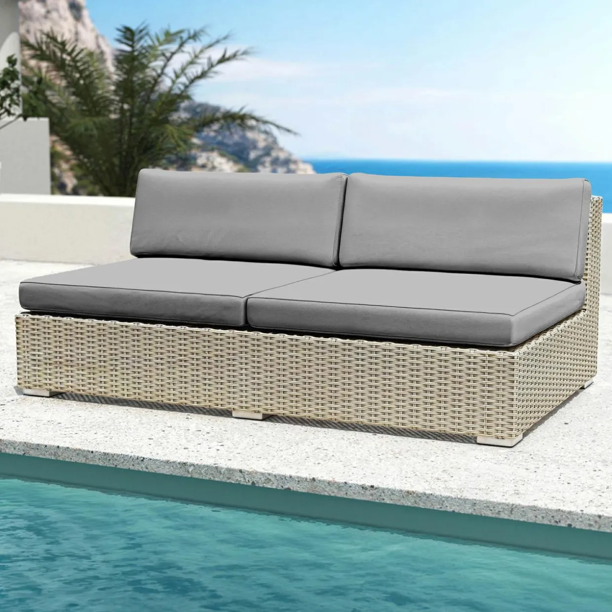 Chauffeuse de jardin en résine tressée 2 places Palma Gris et anthracite