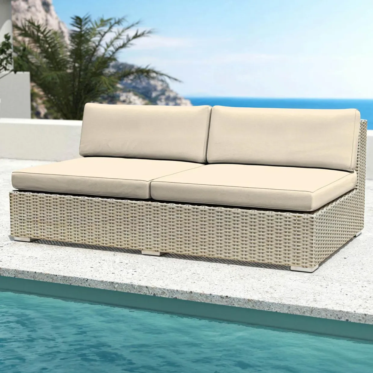 Chauffeuse de jardin en résine tressée 2 places Palma Gris et beige