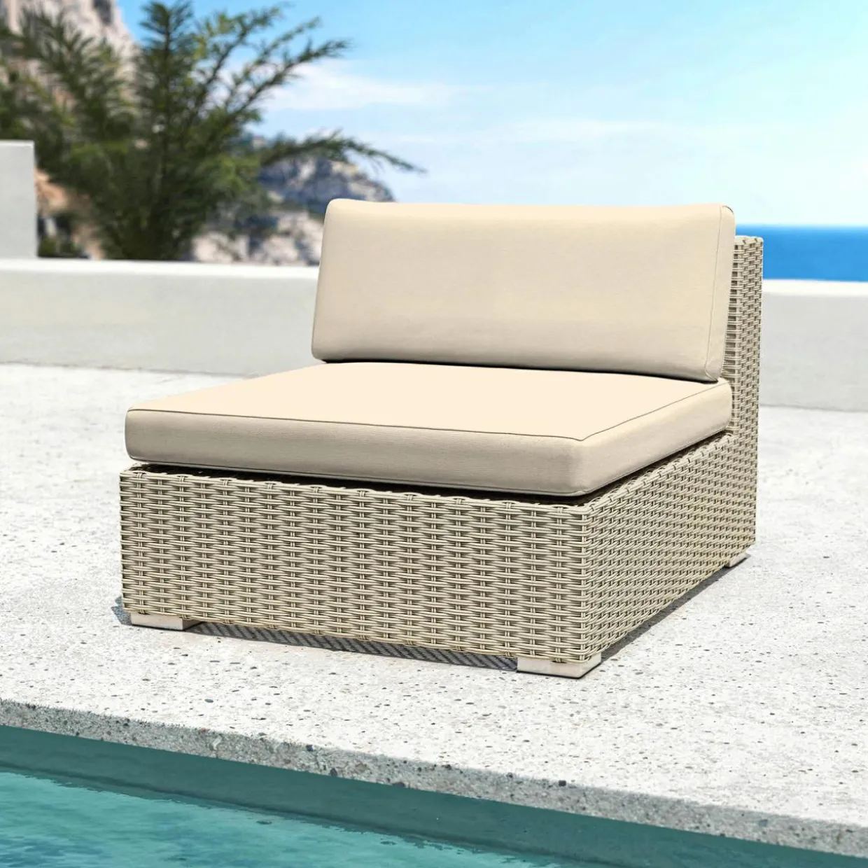 Chauffeuse de jardin en résine tressée Palma Gris et beige