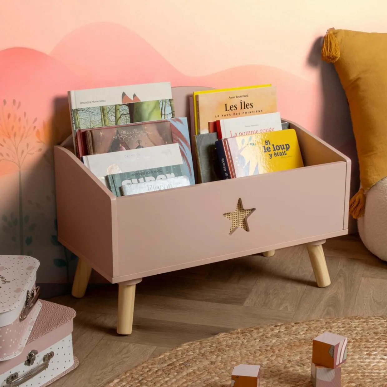Coffre à jouet ouvert enfant bois (H44 cm) Stars Rose