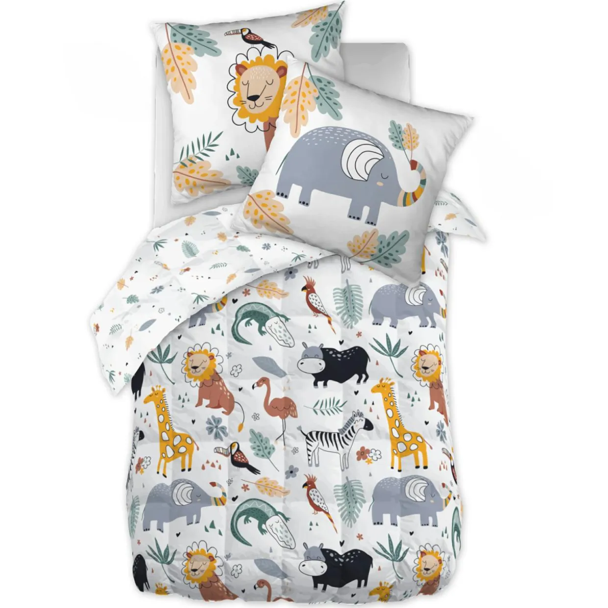 Couette imprimée enfant coton et une taie d'oreiller (140 x 200 cm) Savane Multicolore