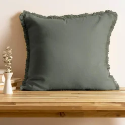 Coussin carré coton (45 x 45 cm) Pixel franges Vert kaki