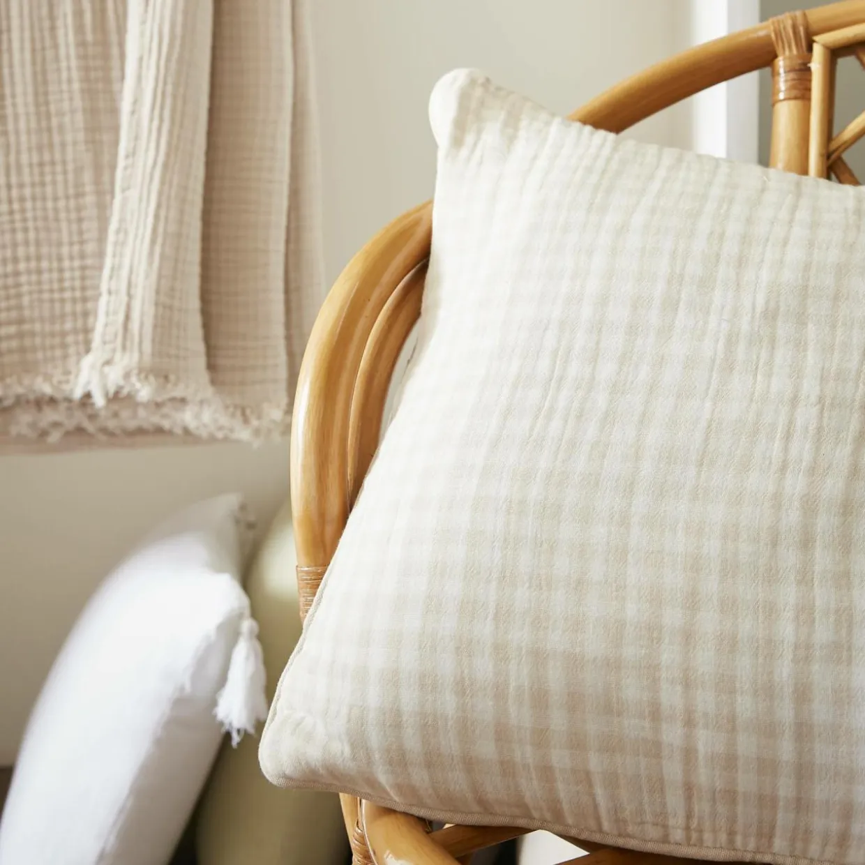 Coussin carré gaze de coton (45 x 45 cm) Gaïa vichy Beige