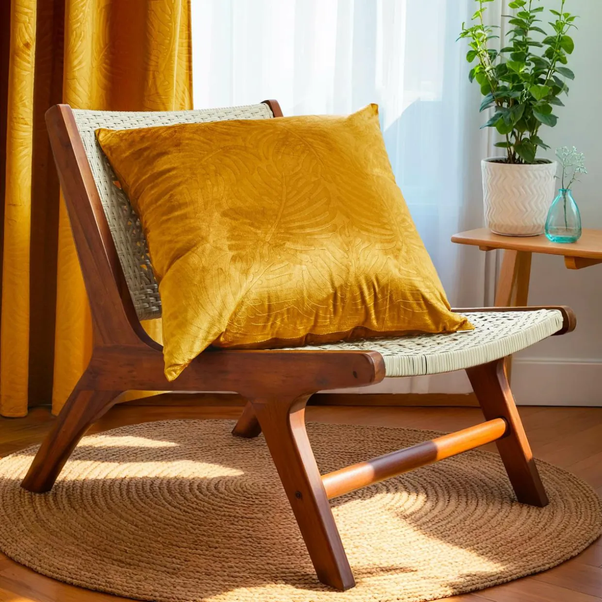 Coussin carré velours (60 x 60 cm) Fern Jaune ocre