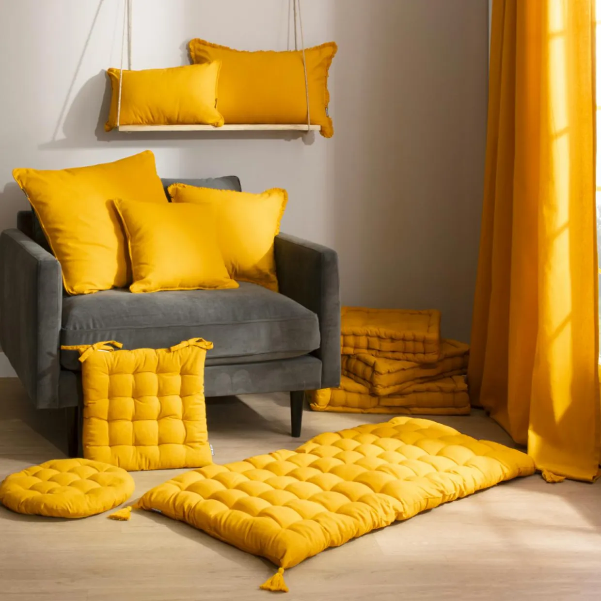 Coussin de chaise rond coton (40 cm) Pixel Jaune moutarde