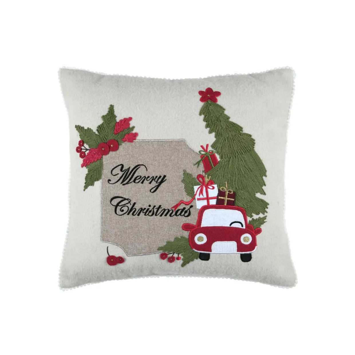 Coussin de Noël brodé (45 x 45 cm) Vœux Merry Christmas Naturel