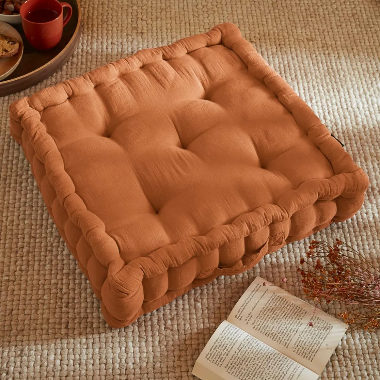 Coussin de sol carré gaze de coton (50 x 50 cm) Gaïa Abricot