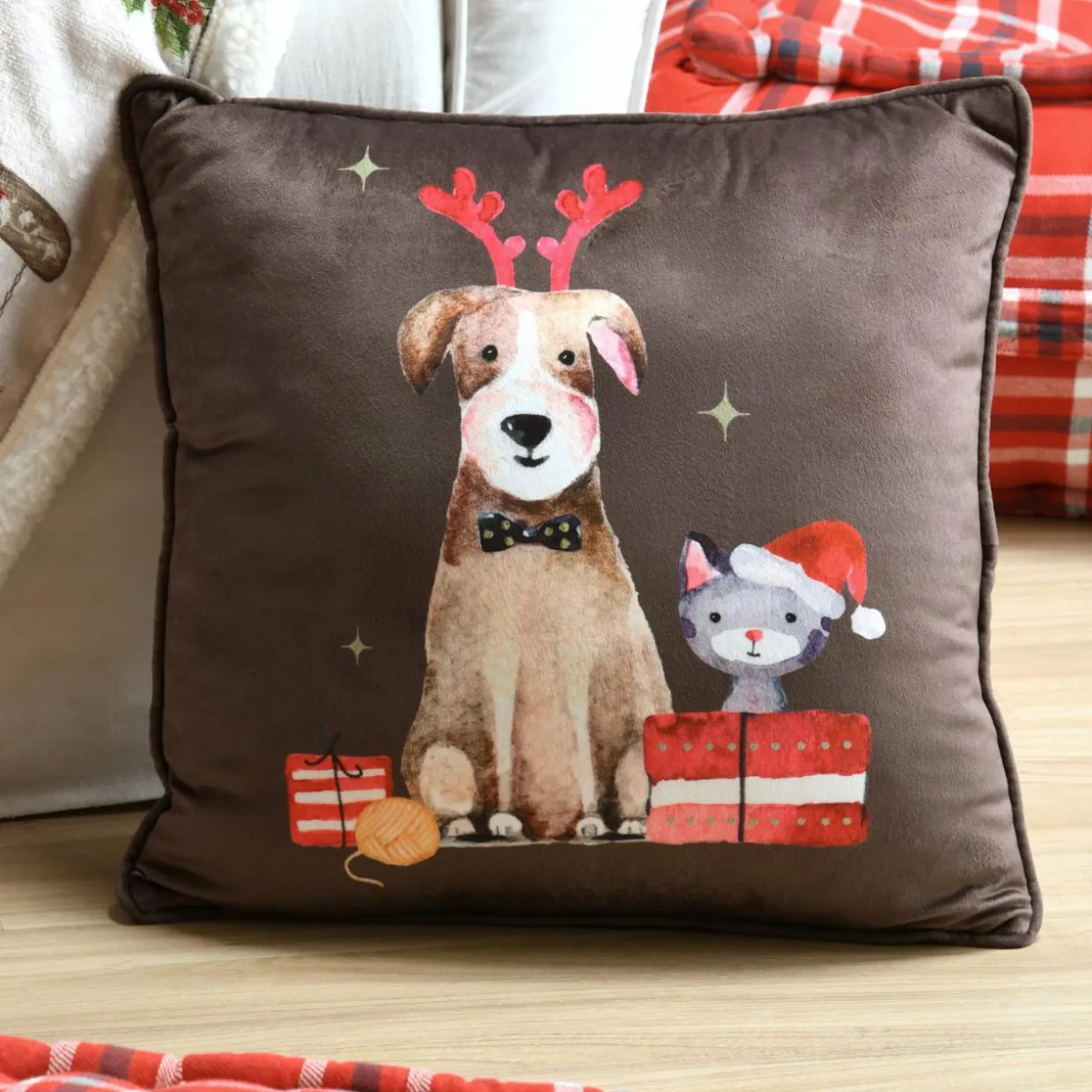 Coussin Noël carré (40 cm) Joyeux Marron chocolat