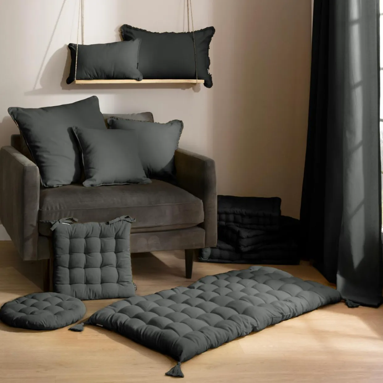 Coussin rectangulaire coton (30 x 50 cm) Pixel Gris anthracite