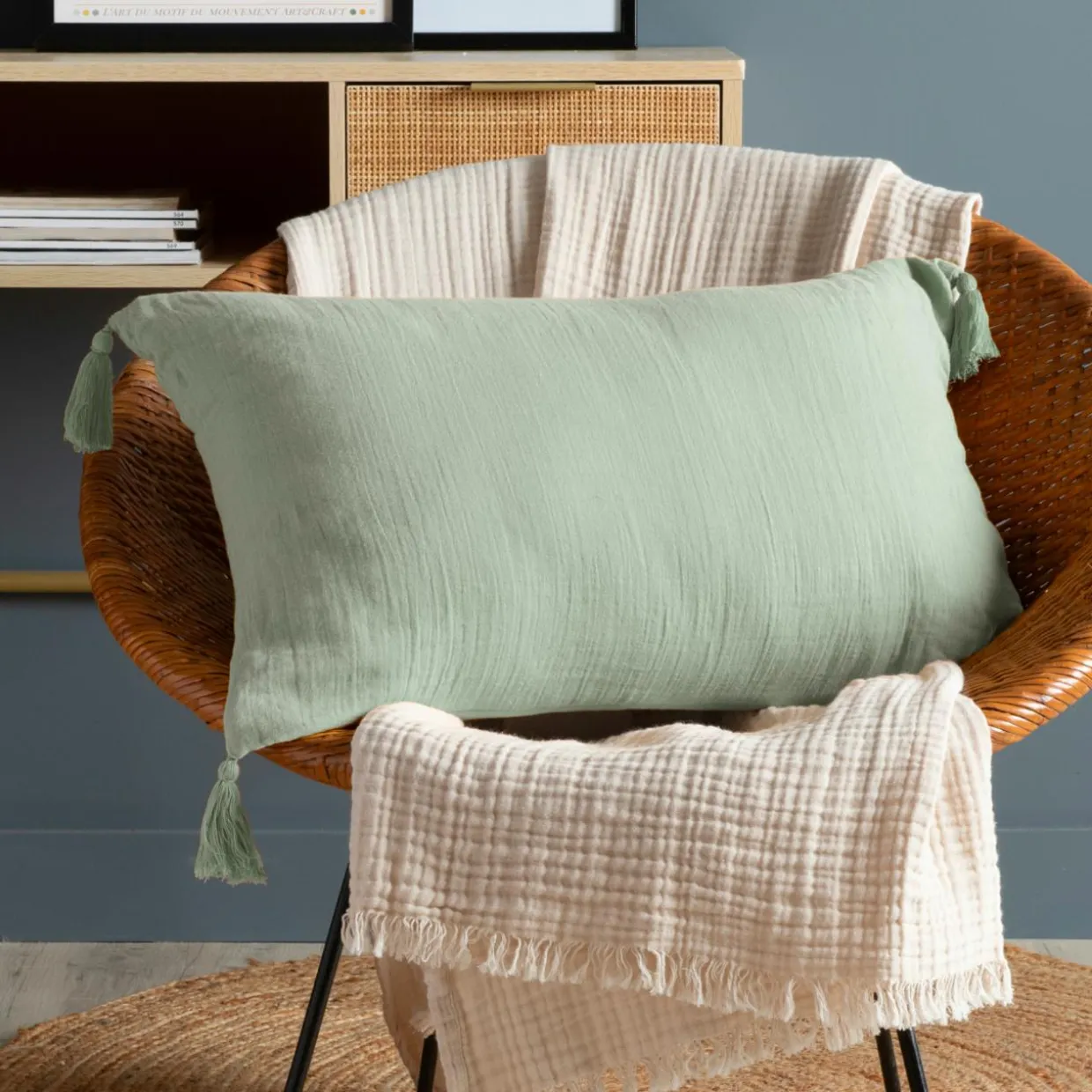 Coussin rectangulaire gaze de coton (40 x 60 cm) Gaïa Vert eucalyptus