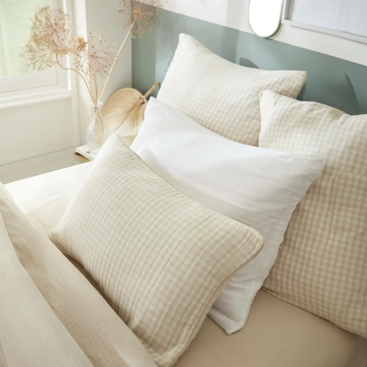 Coussin rectangulaire gaze de coton (40 x 60 cm) Gaïa vichy Beige