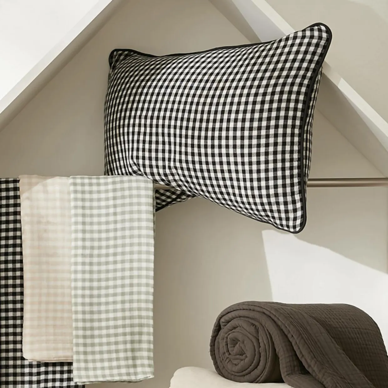 Coussin rectangulaire gaze de coton (40 x 60 cm) Gaïa vichy Beige