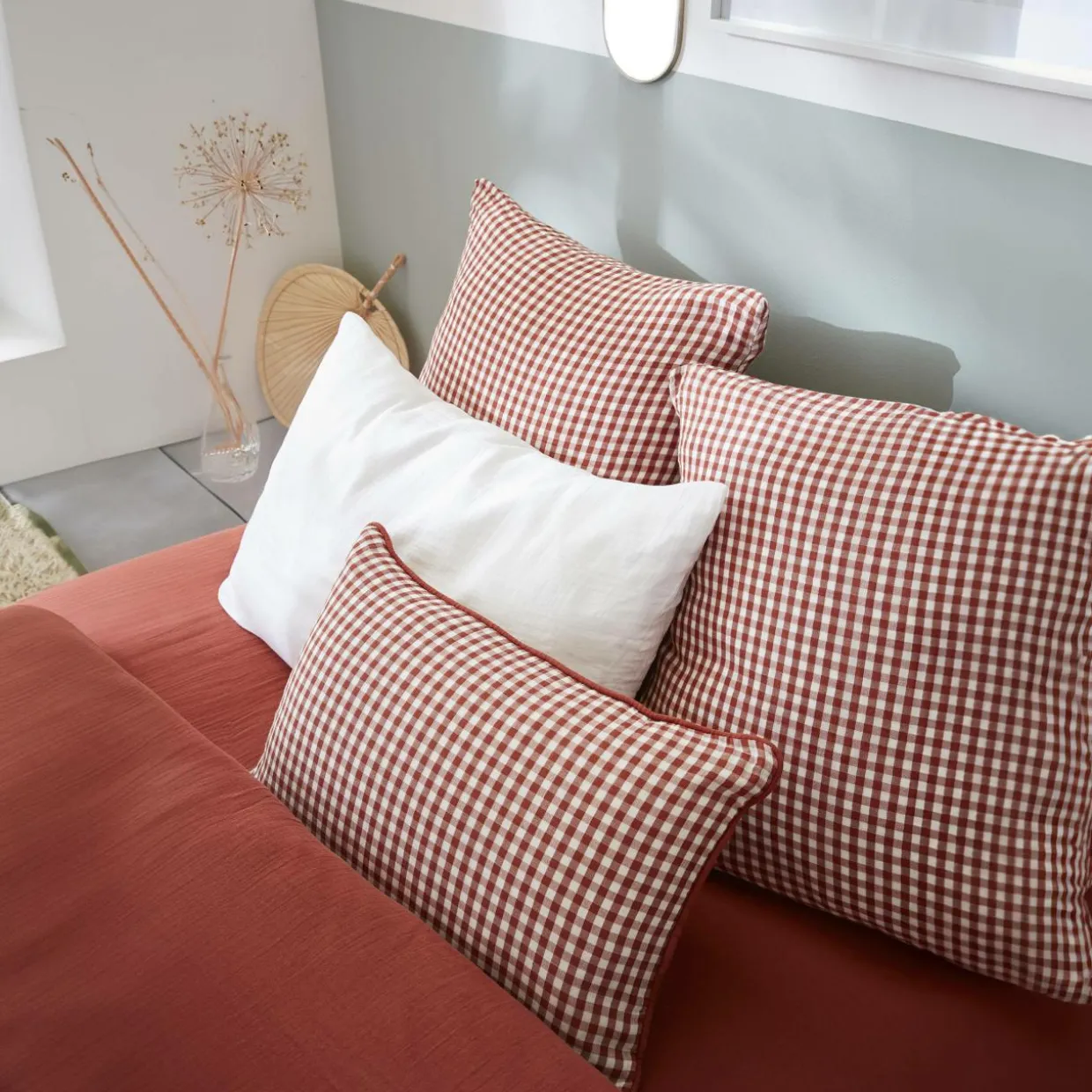 Coussin rectangulaire gaze de coton (40 x 60 cm) Gaïa vichy Terracotta