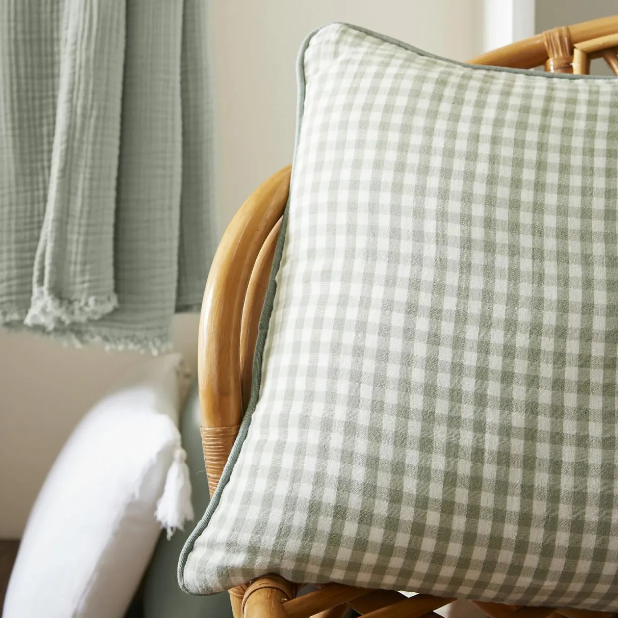 Coussin rectangulaire gaze de coton (40 x 60 cm) Gaïa vichy Vert eucalyptus