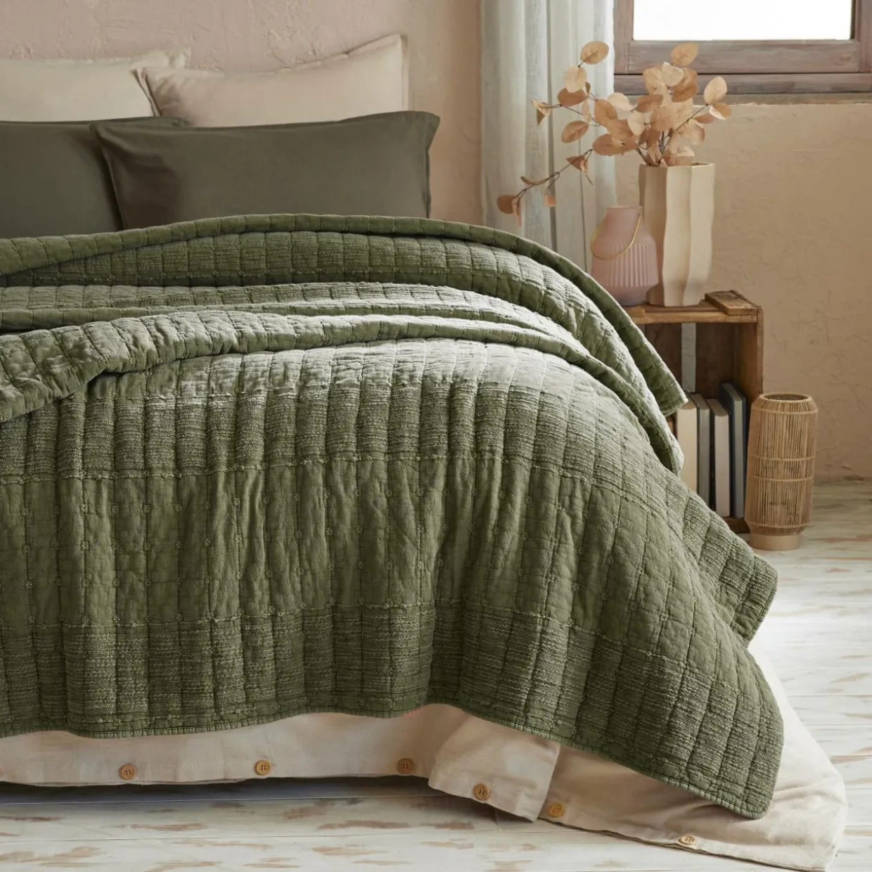 Couvre-lit coton matelassé (240 x 260 cm) Lena Vert romarin