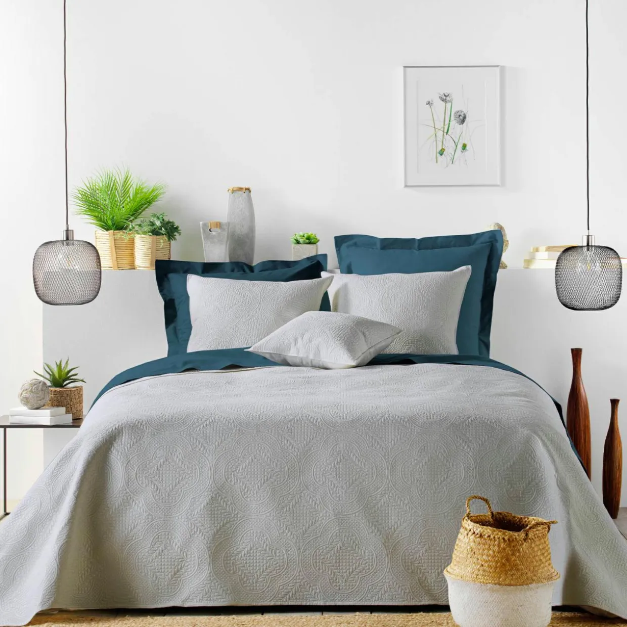 Couvre-lit matelassé et deux taies d'oreiller (240 x 260 cm) Romane Gris
