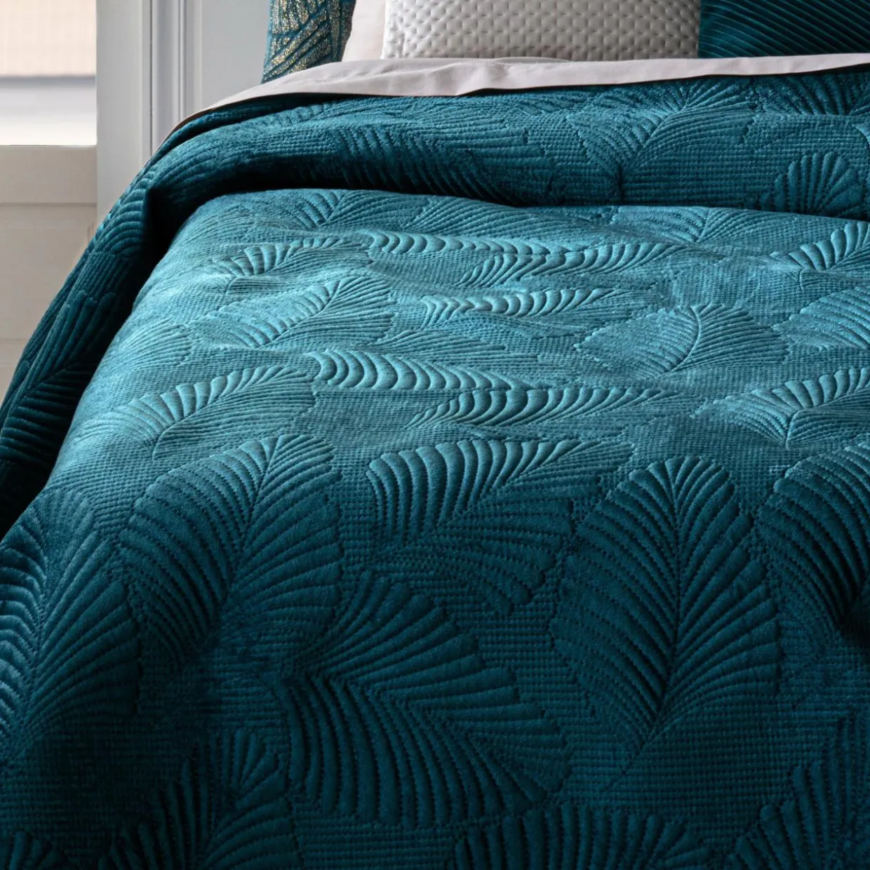 Couvre-lit (260 x 240 cm) Feuilles Bleu canard