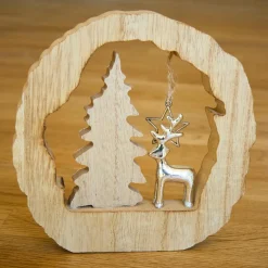 Décoration en bois (H14 cm) Renne et sapin Bois blond