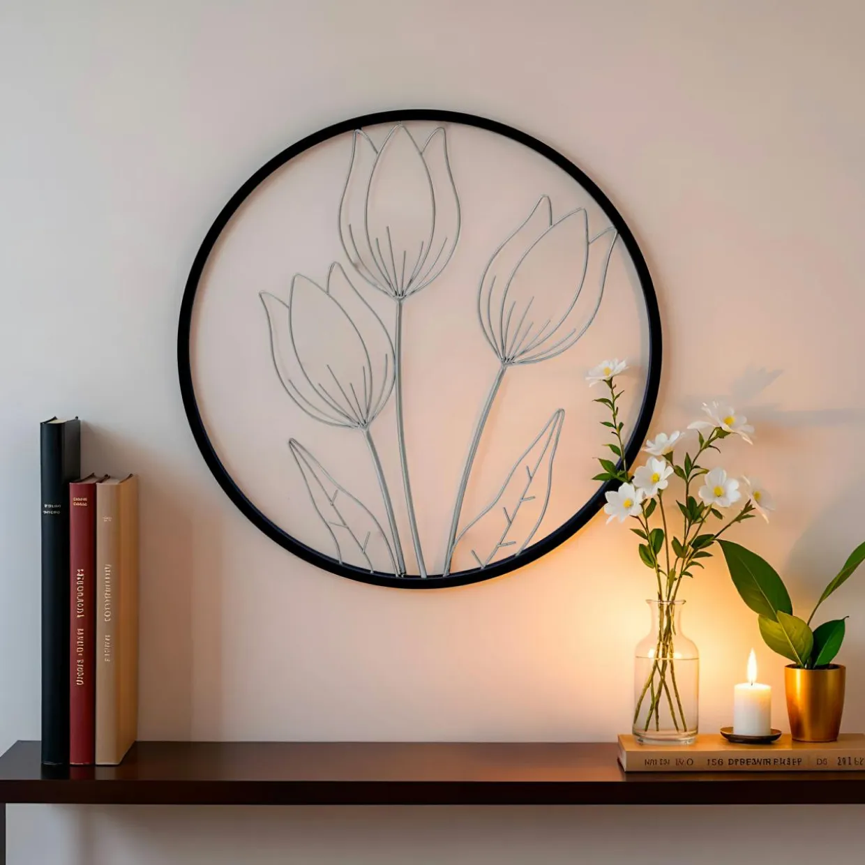 Décoration murale ronde en métal (D46 cm) Tulipe Noir