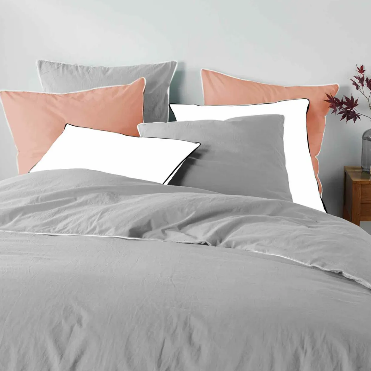Drap housse coton lavé (160 x 200 cm) Linette Gris