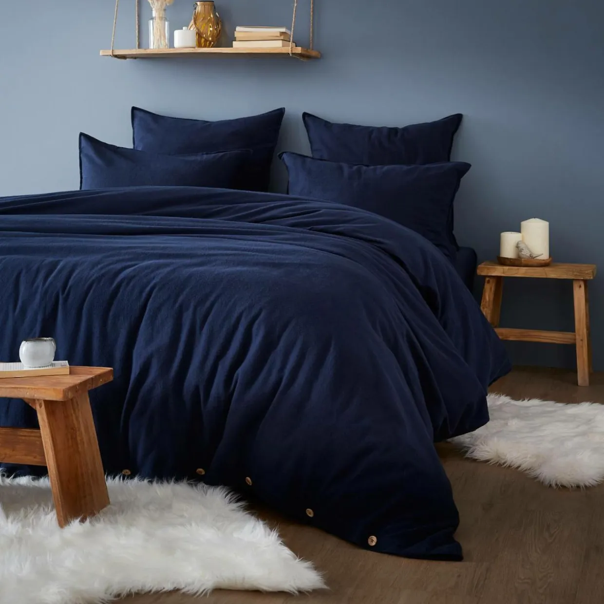 Drap housse flanelle de coton (160 x 200 cm) Nina Bleu nuit
