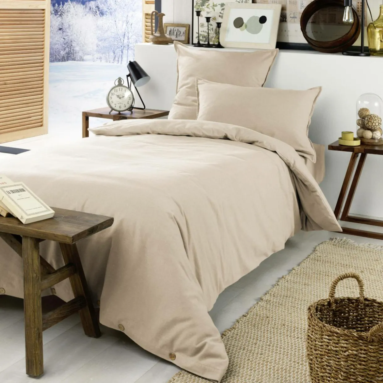 Drap housse flanelle de coton (90 x 190 cm) Nina Beige