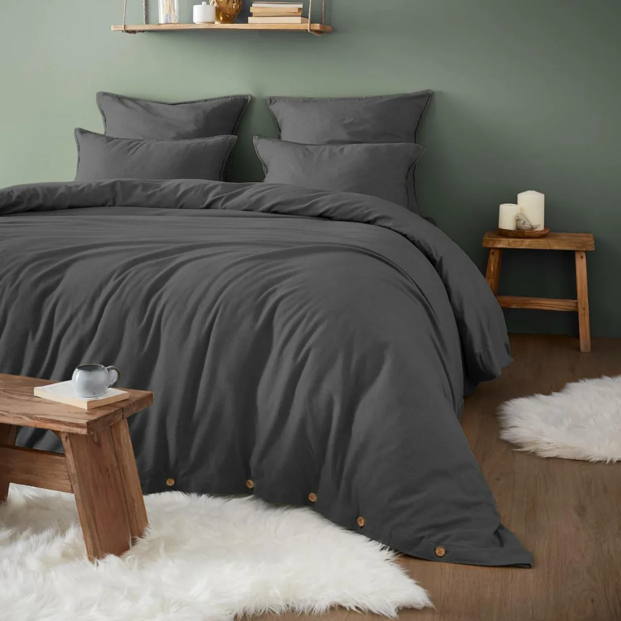 Drap housse flanelle de coton (140 x 190 cm) Nina Gris anthracite