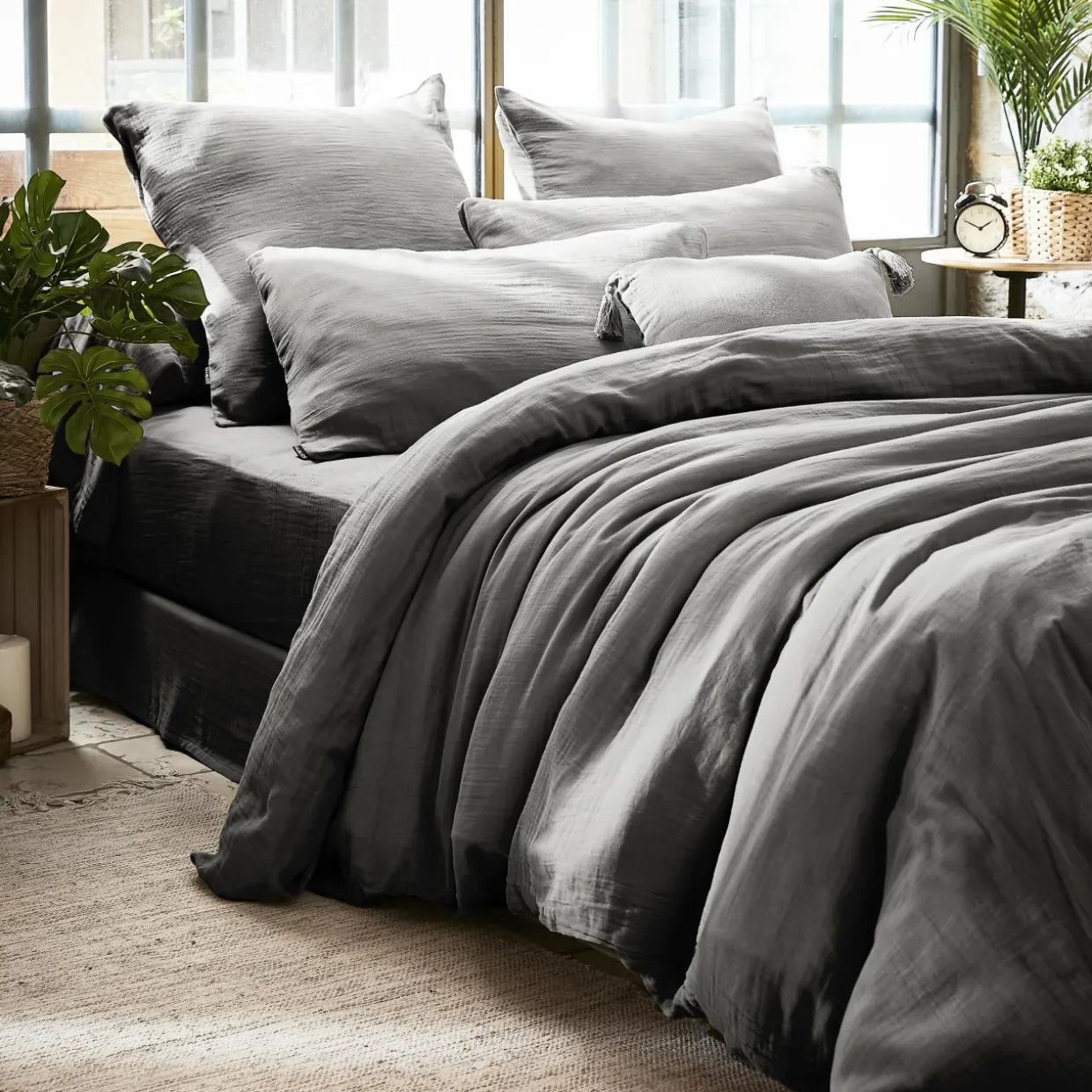 Drap housse gaze de coton (90 x 200 cm) Gaïa Gris granit