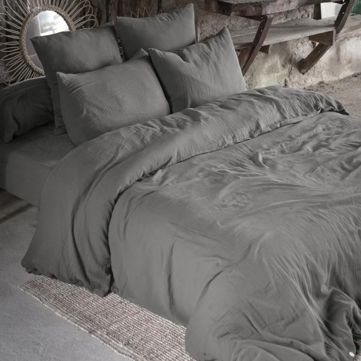 Drap housse gaze de coton (180 x 200 cm) Gaïa Gris granit