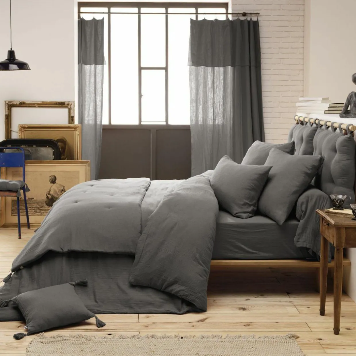 Drap housse gaze de coton (140 x 190 cm) Gaïa Gris granit