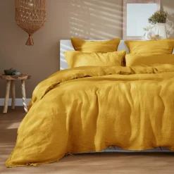 Drap housse lin lavé (180 x 200 cm) Louise Jaune moutarde