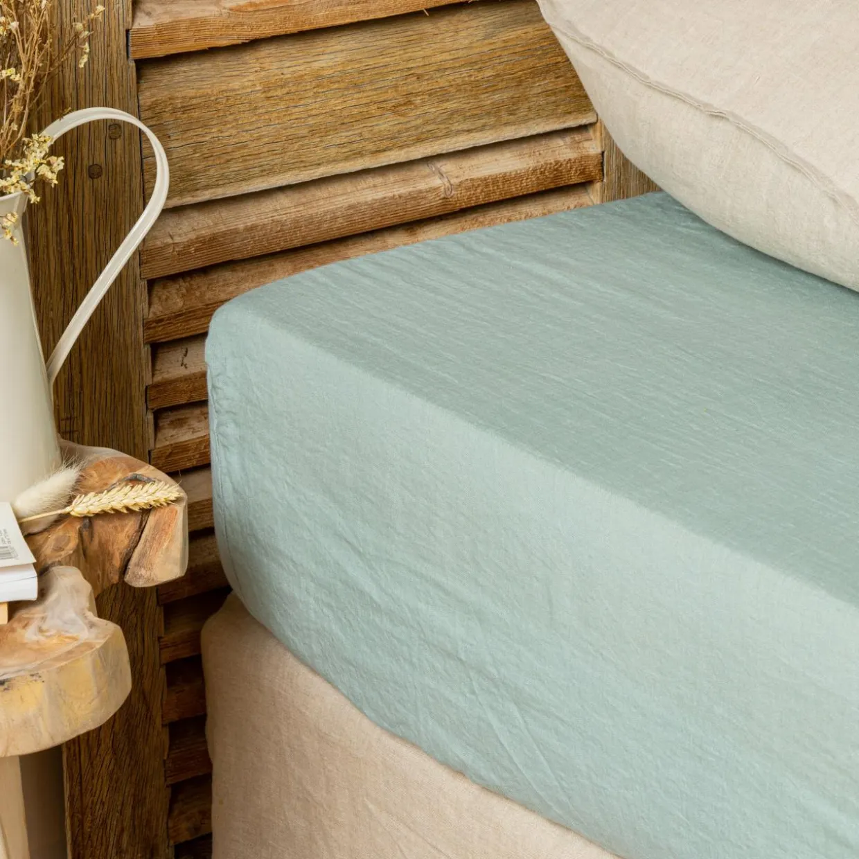 Drap housse lin lavé (160 x 200 cm) Louise Vert eucalyptus