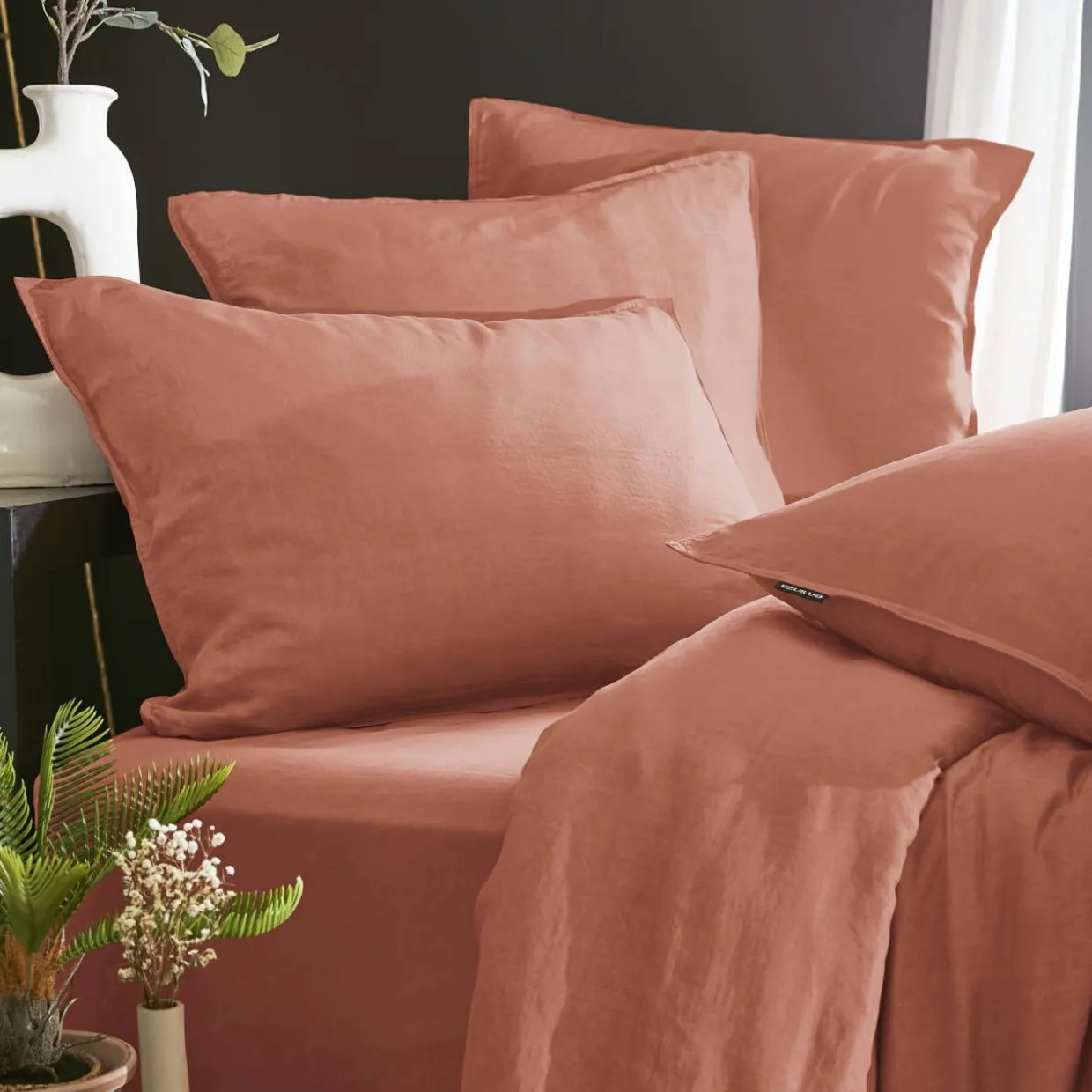 Drap housse lyocell Tencel™ lavé (140 x 200 cm) Olivia Terracotta