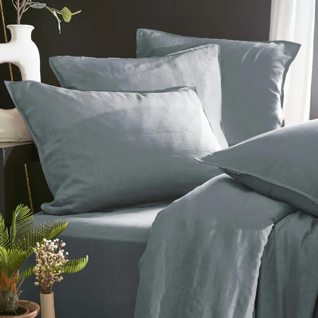 Drap housse lyocell Tencel™ lavé (90 x 190 cm) Olivia Bleu stone