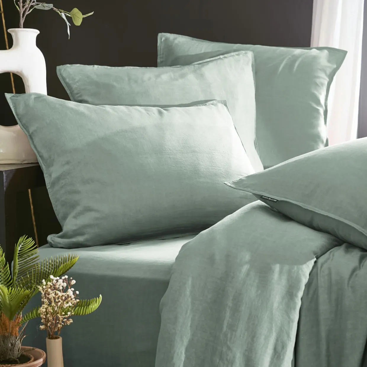 Drap housse lyocell Tencel™ lavé (90 x 190 cm) Olivia Vert eucalyptus