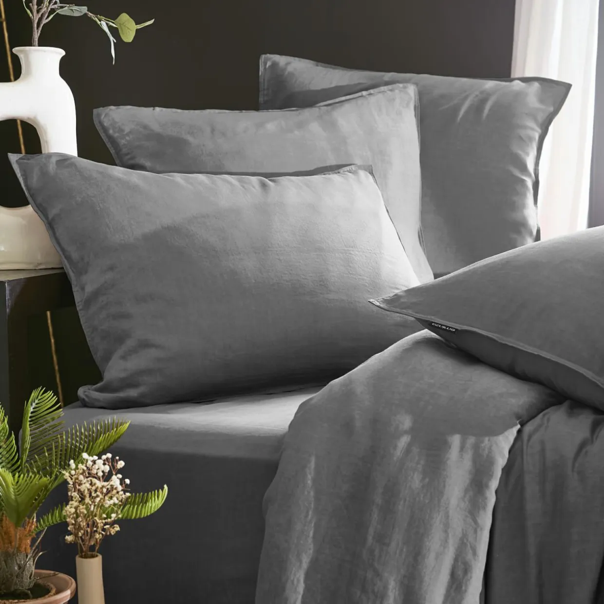Drap housse lyocell Tencel™ lavé (90 x 190 cm) Olivia Gris granit