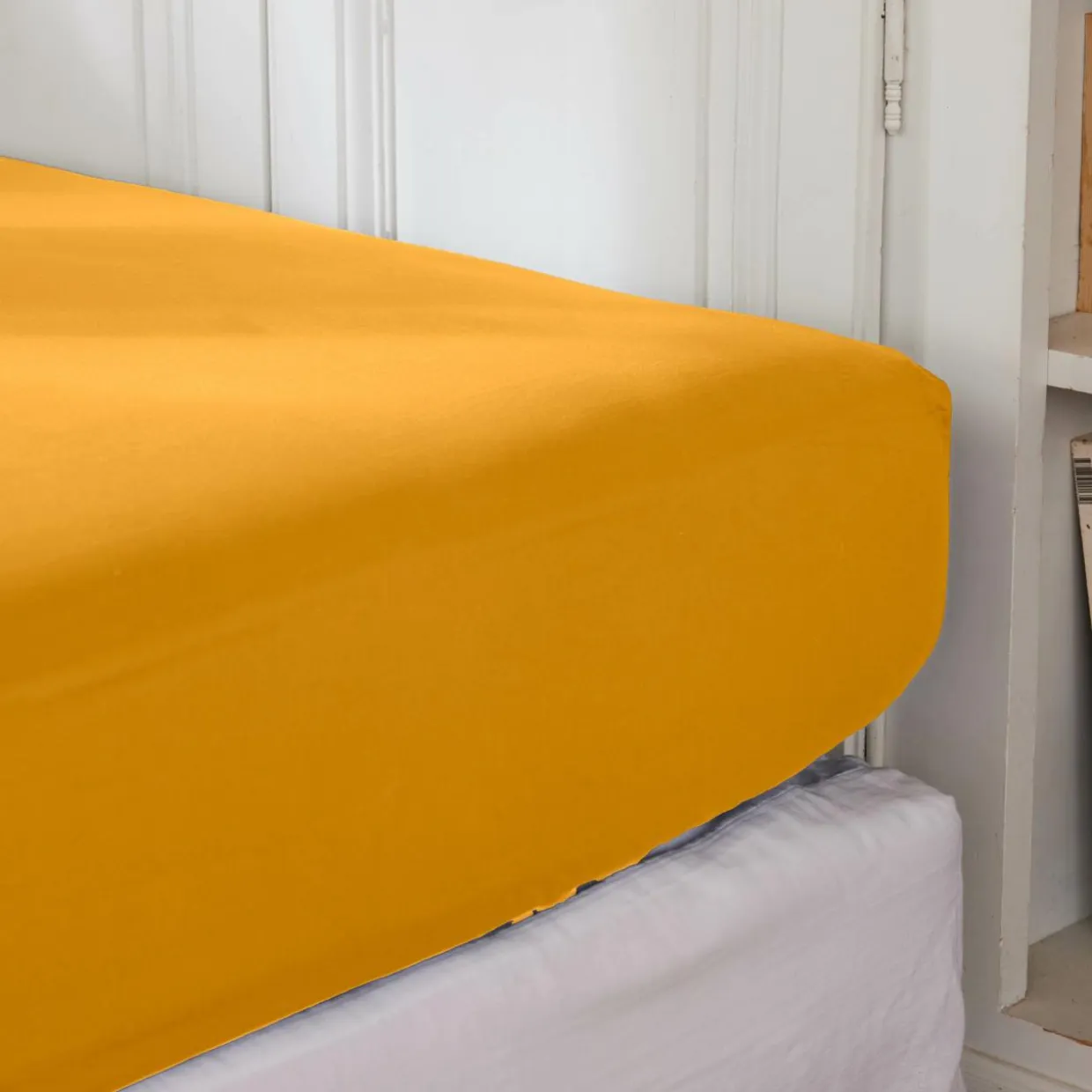 Drap housse percale de coton (90 x 200 cm) Cali Jaune moutarde