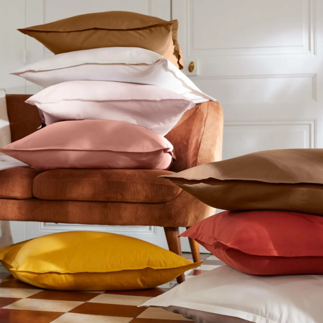 Drap housse percale de coton (200 x 200 cm) Cali Rose pêche